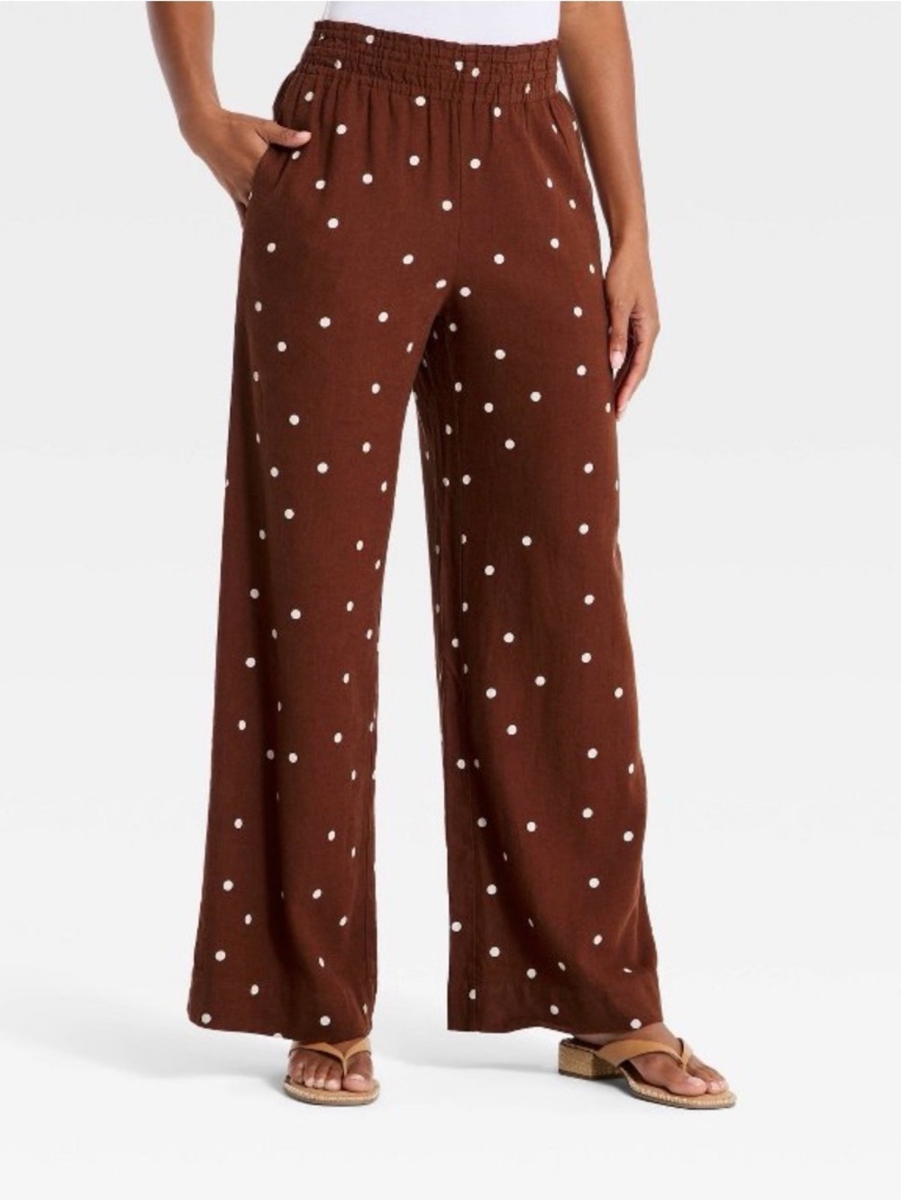 a new day Brown Wide-Leg Polka Dot Linen Pants- Long Length